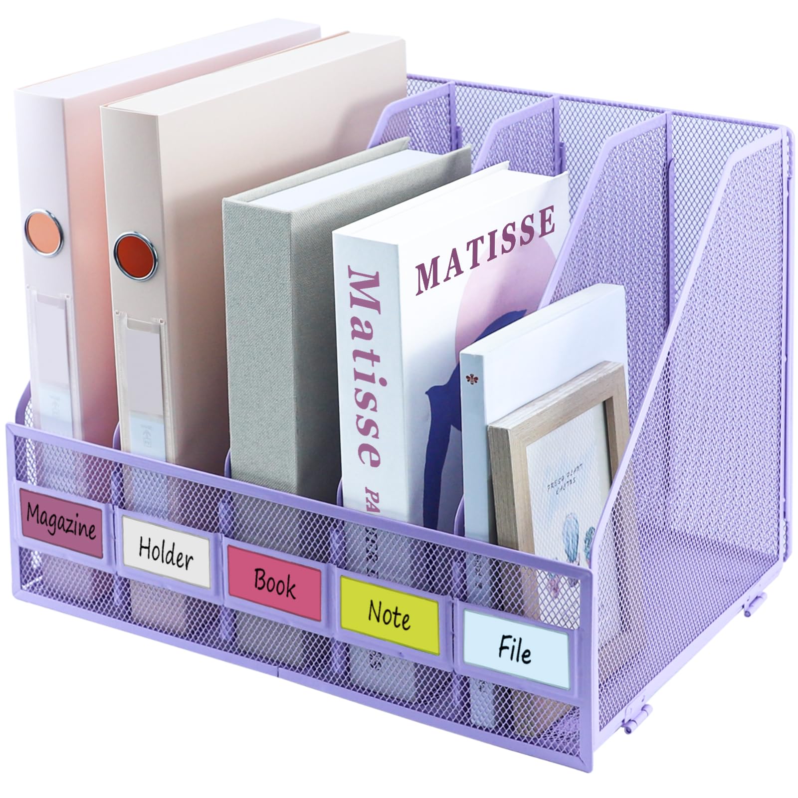 ideallife Desk Organizers, Metal Magazine File Holder with 5 Vertical Compartments Rack Binder File Organizer for Office Supplies, Home Workspace - Purple — image 1