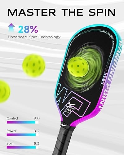 Miniatura 4 de Warping Point Paleta de pickleball Neon Gen 3, cara de fibra de carbono cruda T700, núcleo de panal de abeja de 0.630 in, diseño de una pieza, mango