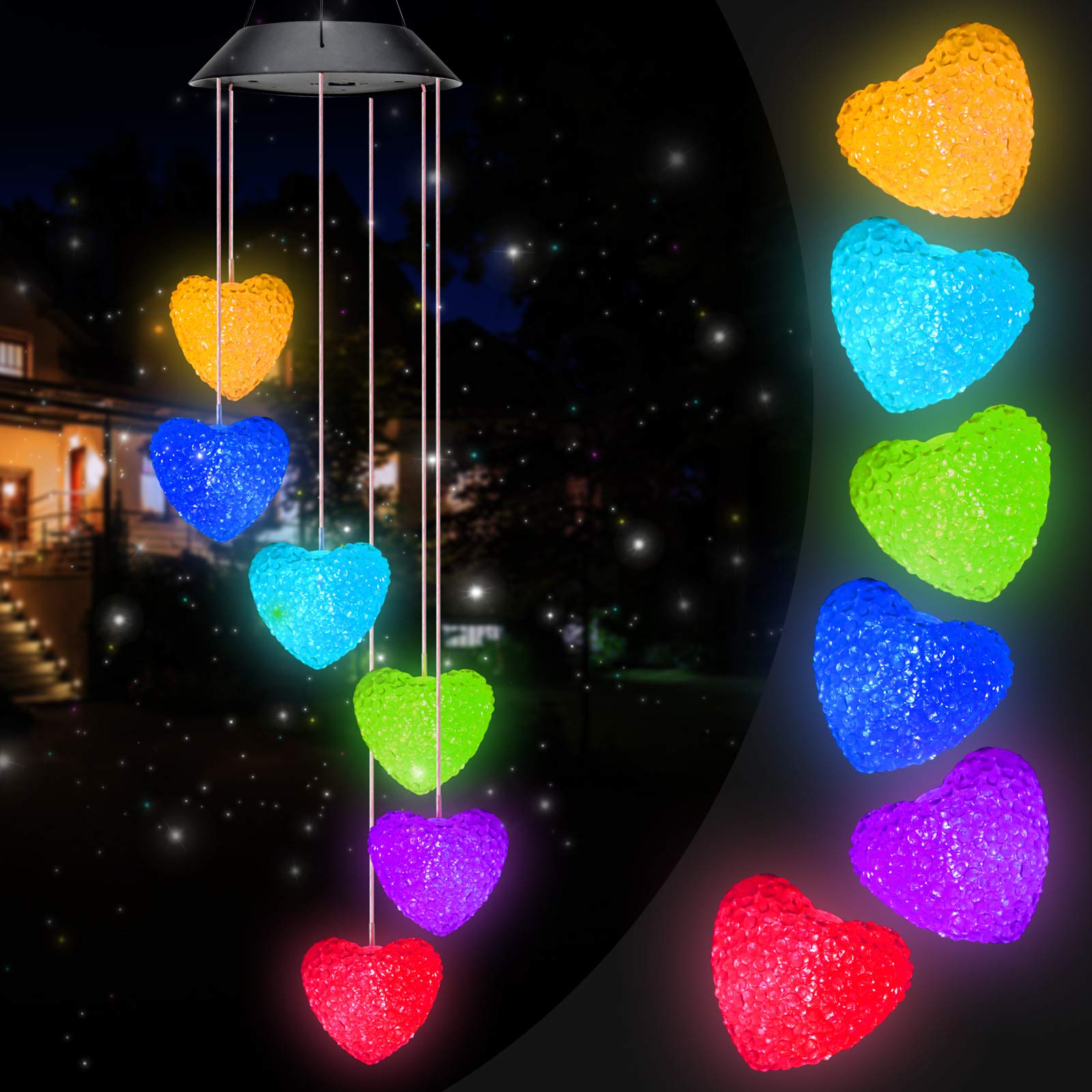 Solar Powered LED Love Heart Wind Chime Lights – Color-Changing Outdoor Garden Decor