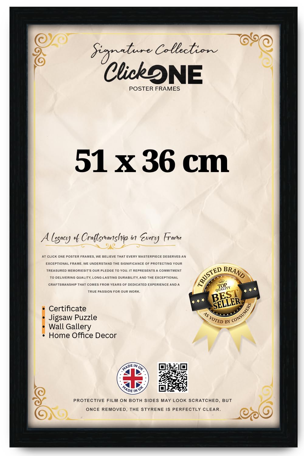 Click One Black Photo Frame 51 x 36 cm Poster Display with UV Protection Acrylic Hanging Hardware for Wall Mounting Display Picture Vertically or Horizontally MDF backboard
