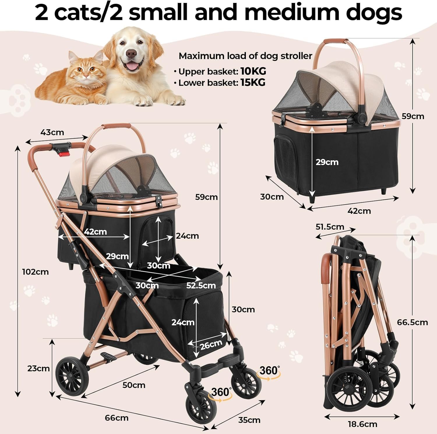 MAMIZO Cochecito para Mascotas 2 Niveles, Plegable Carrito para Mascotas de Hasta 15 kg, Carrito de 2 Niveles para Perros Gatos con Ventanas de Malla Portavasos y 4 PCS Ruedas PU, Negro