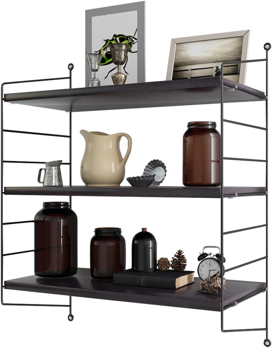 Storage Display Floating Wall Shelves, DIY Wall Ladder With Pocket Shelf Apply to The Bedroom, Kitchen, Office Etc(2 Black Side Wall Panels, 3 Black Shelves)