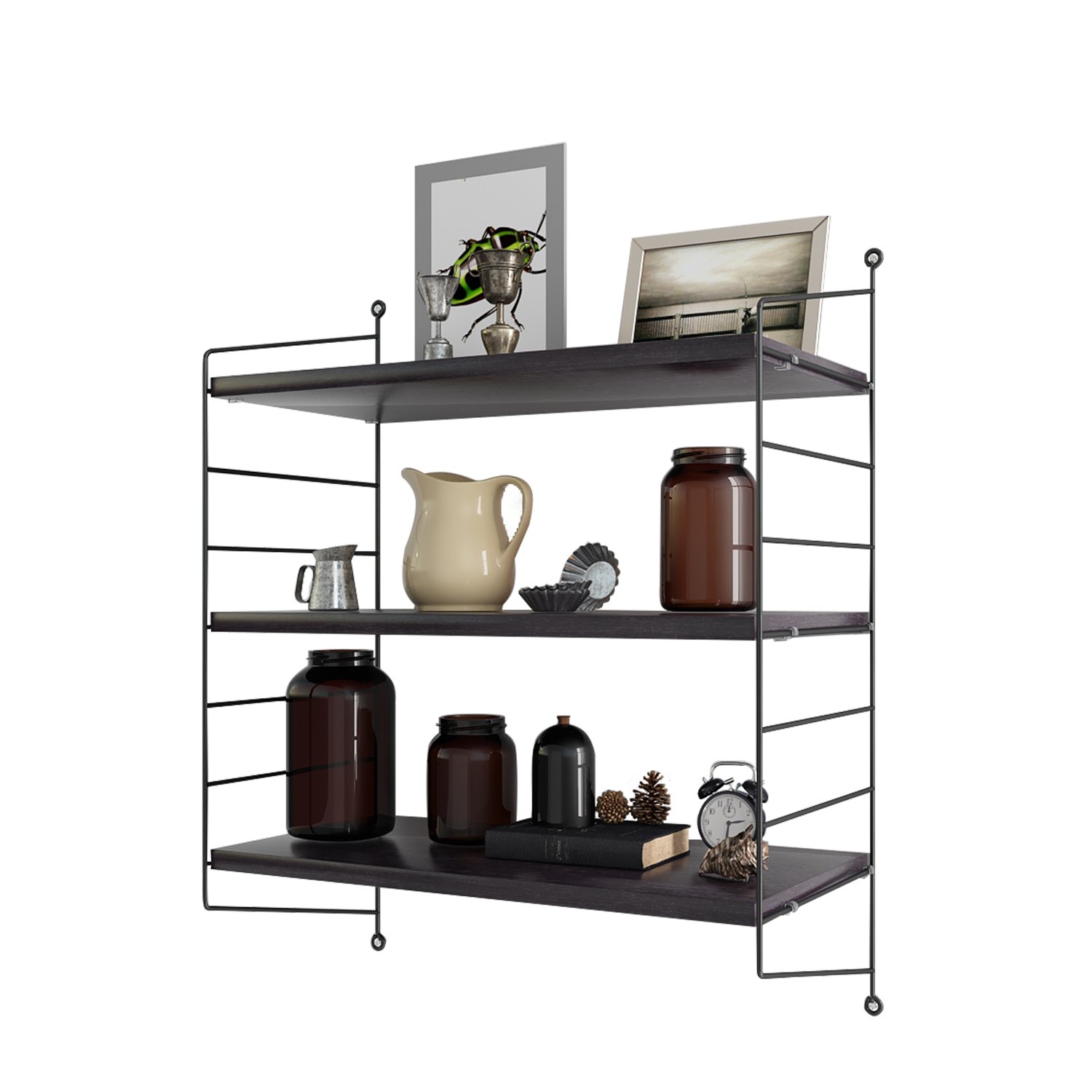 Storage Display Floating Wall Shelves, DIY Wall Ladder With Pocket Shelf Apply to The Bedroom, Kitchen, Office Etc(2 Black Side Wall Panels, 3 Black Shelves)