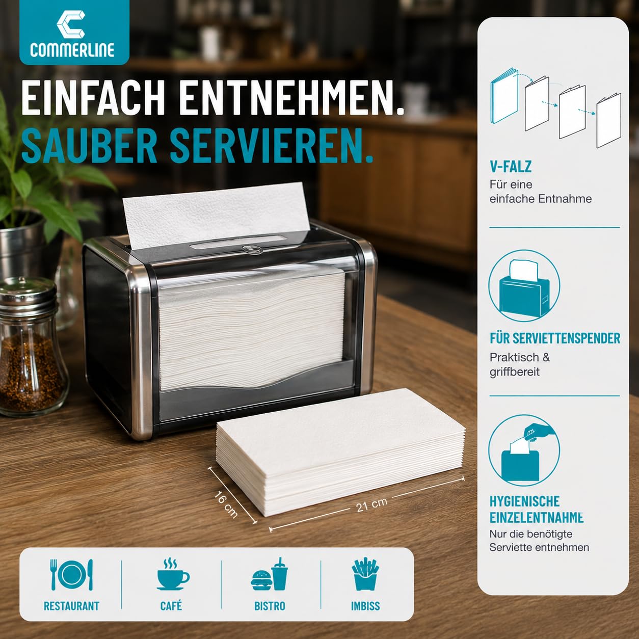 Commerline Servilletas de Papel | 4000 Unidades | 21x16 cm, 2 Capas | Suaves y Absorbentes | Servilletas Desechables con Pliegue en V | Ideal para Dispensadores | Blanco Puro