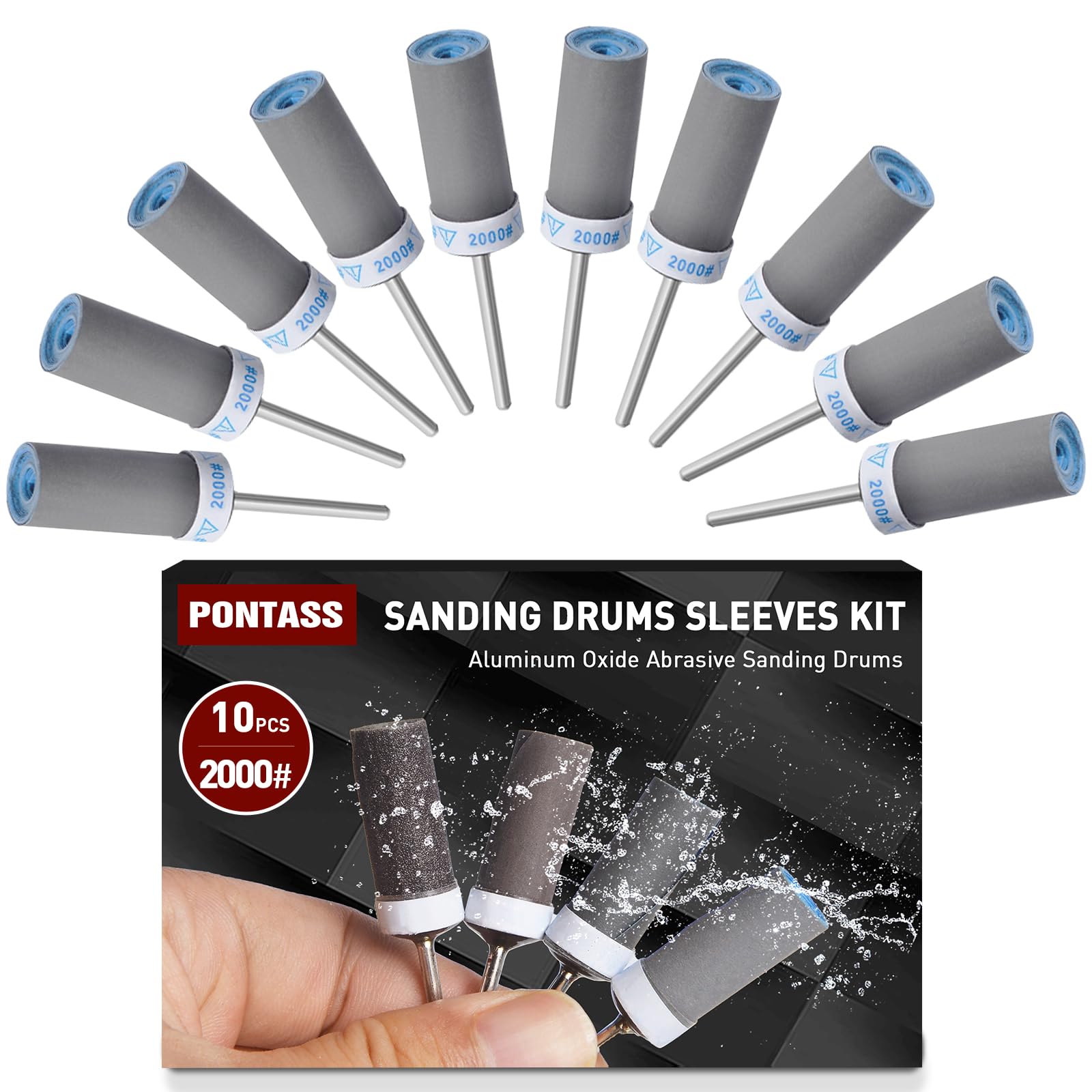 10Pcs 2000 Grit Sanding Drums Sandpaper Sticks Set with 1/8"(3mm) Shank for Dremel Rotary Tool, Suitable for Metal Rust Removal/Jade Polishing/Stone