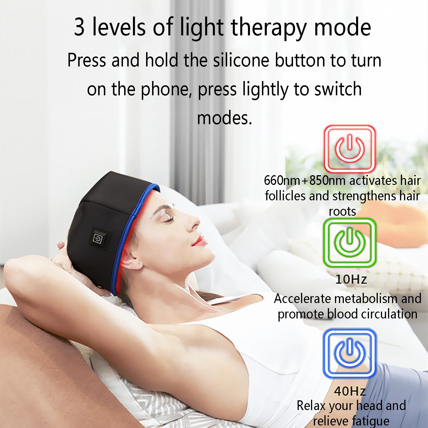 Gorro De Terapia Con Luz Roja LED, Gorro De Terapia Con Luz Infrarroja Para Prevención De La Caída Del Cabello, Modo De Terapia De Luz De 3 Engranajes, Diámetro De La Tapa 21,5 Cm/8,46 Pulgadas