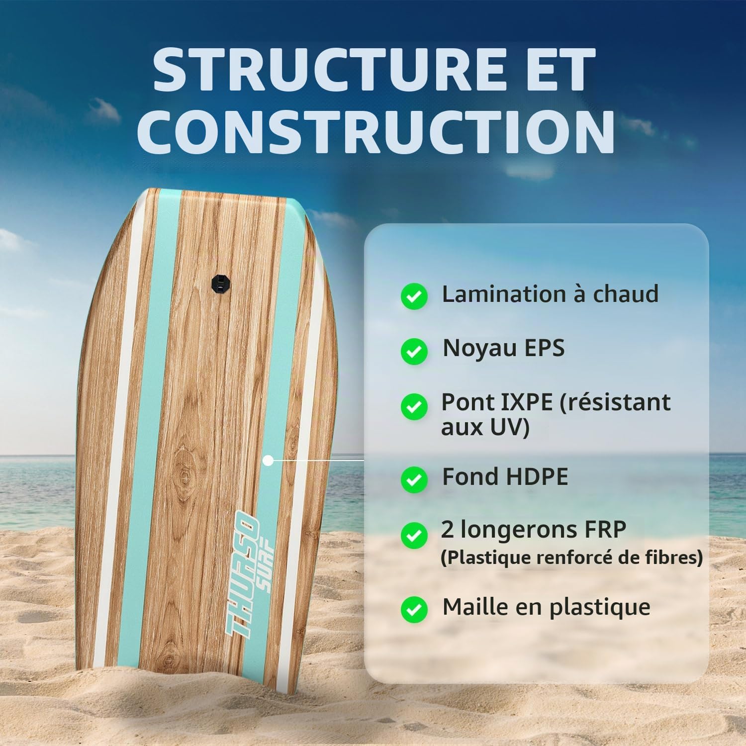 Thurso Surf Quill Bodyboard léger et Durable en EPS Core IXPE avec Fond Lisse en polyéthylène Haute densité, Queue Croissante, Double Canal en Maille Plastique avec Double émerillon en Acier