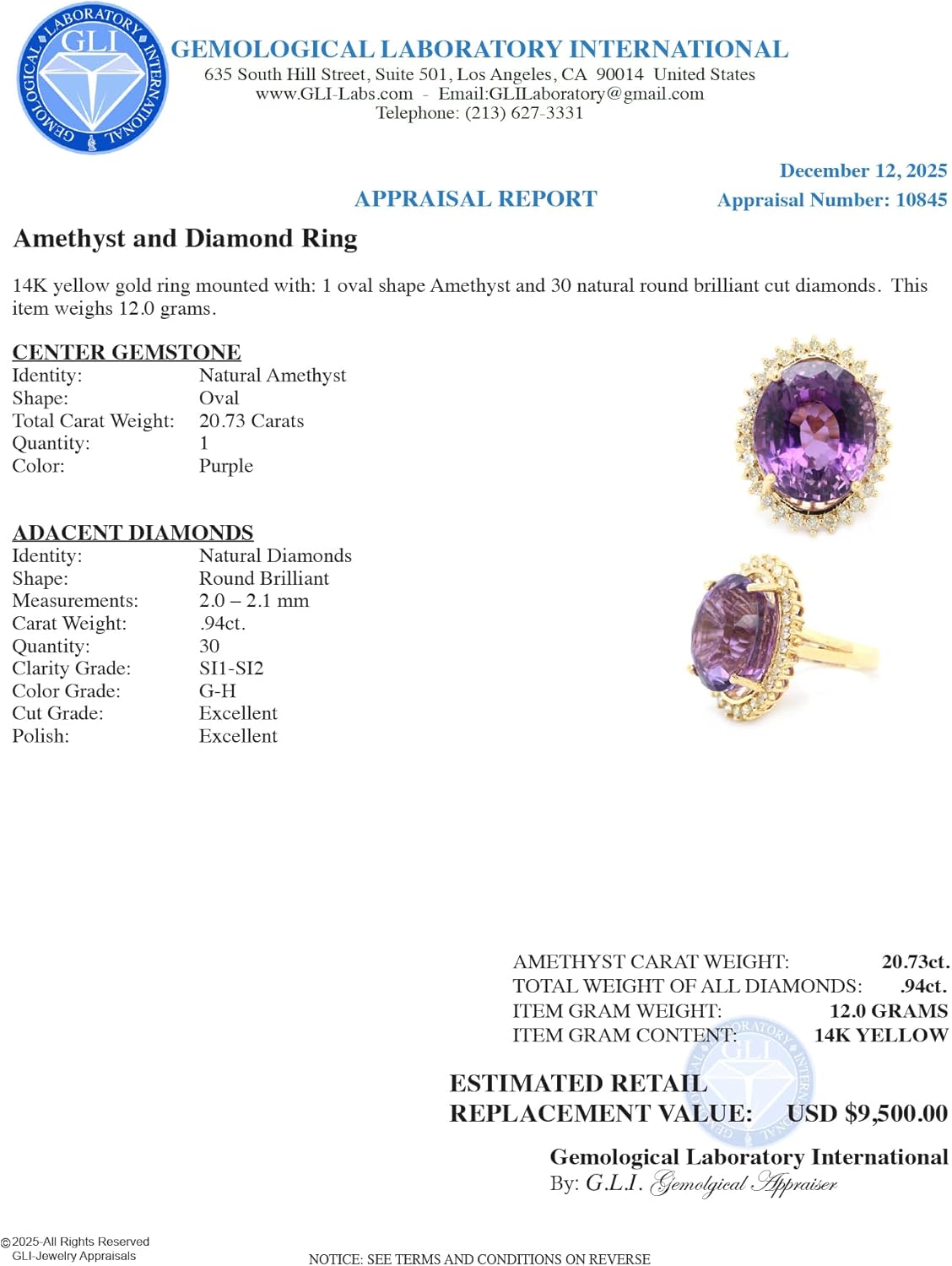 Luxury 14K Yellow Gold Oval Amethyst and Diamond Ring, 20.73ct Purple Amethyst with 30 Natural Round Brilliant Diamonds, Halo Setting - Image 4