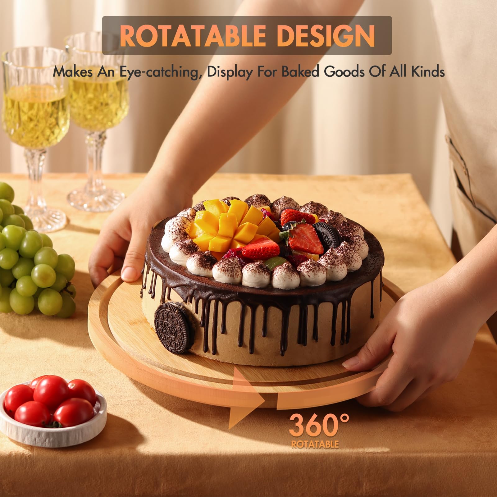 Présentoir à gâteau rotatif avec couvercle, 30 cm en bois de bambou avec dôme, présentoir rotatif à 360° avec couvercle en acrylique pour fromage, tarte, frites et trempettes, moule à gâteau rond