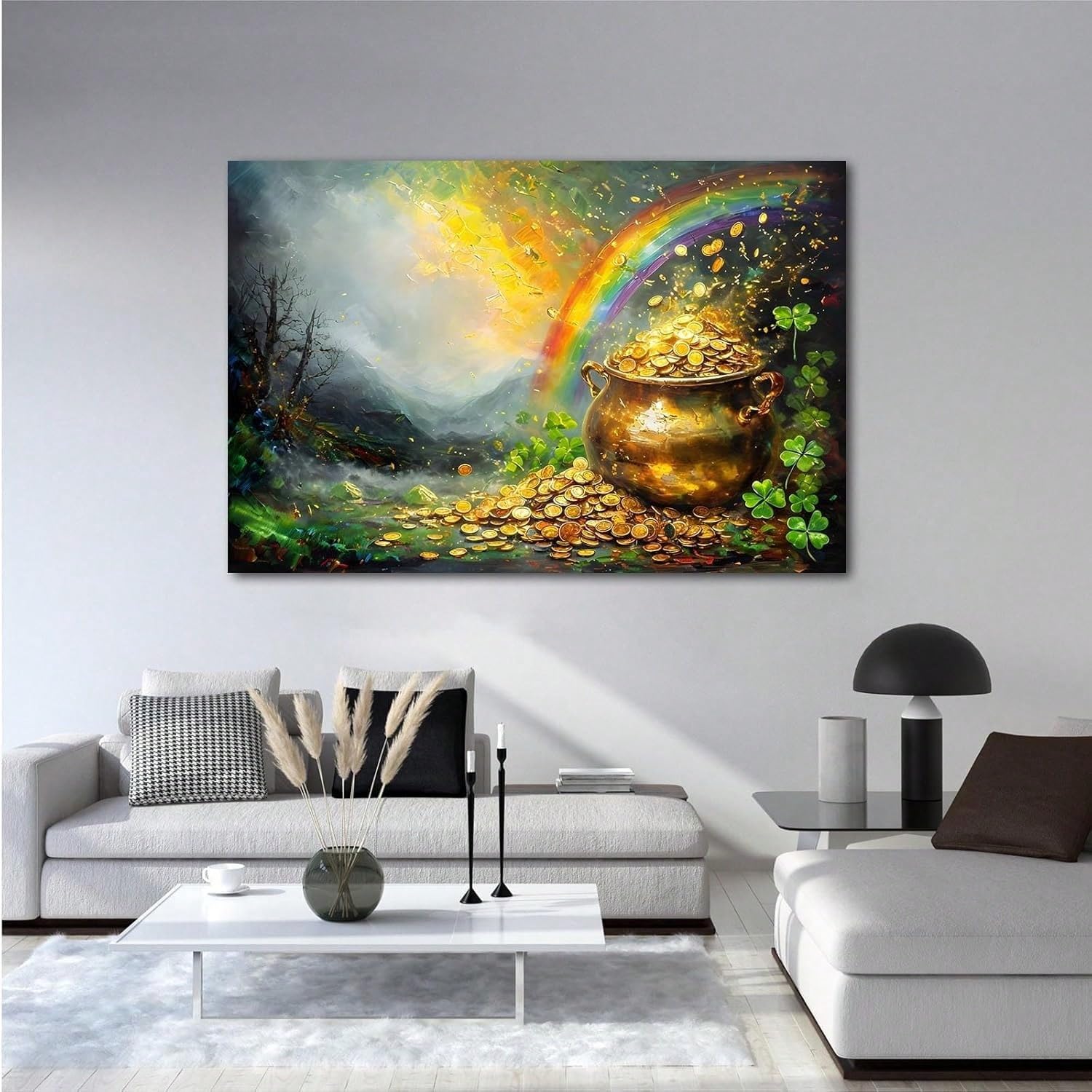 AIHNBF Topf voll Gold Regenbogen Leinwandbild - Glücksklee Schatz Landschafts-Druck für Wohnzimmer Deko, 30 x 45 cm