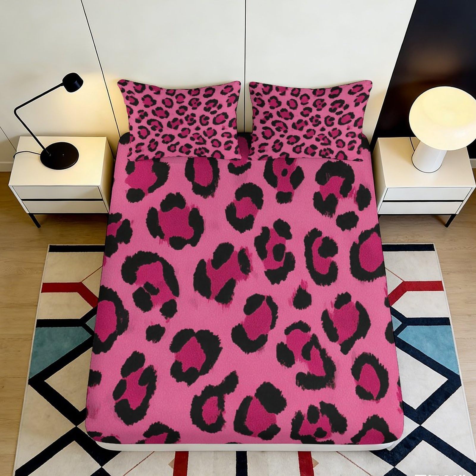 3D Printed Pink Leopard Fitted Sheet Microfiber Soft Mattress Cover for Bedroom Dorm Apartment Decor Protection 160x200x25cm