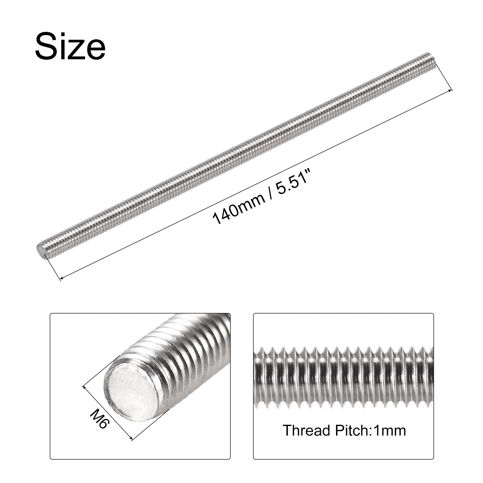 sourcing map 15Pcs M6 x 140mm Tige Filetée Entièrement 304 Inox Acier Droite Fil À La Main M6-1.0 Fil Pas