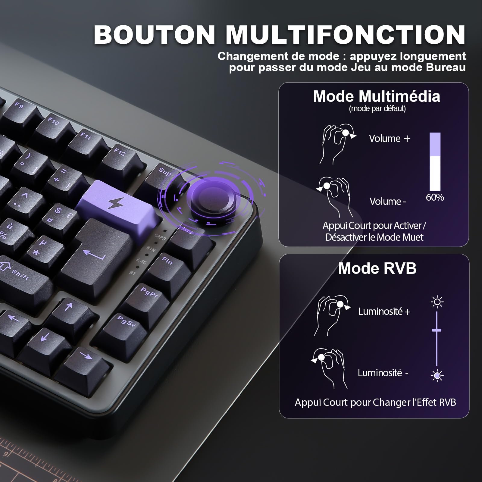 YUNZII B75 Pro ISO FR & DE Clavier Gamer sans Fil (Noir Violet, Milk V2) | AZERTY Français & QWERTZ 75% Disposition avec Bouton, 2.4 Ghz/Bluetooth/Filaire Gasket Mounted, Hotswap, RGB, Windows/Mac