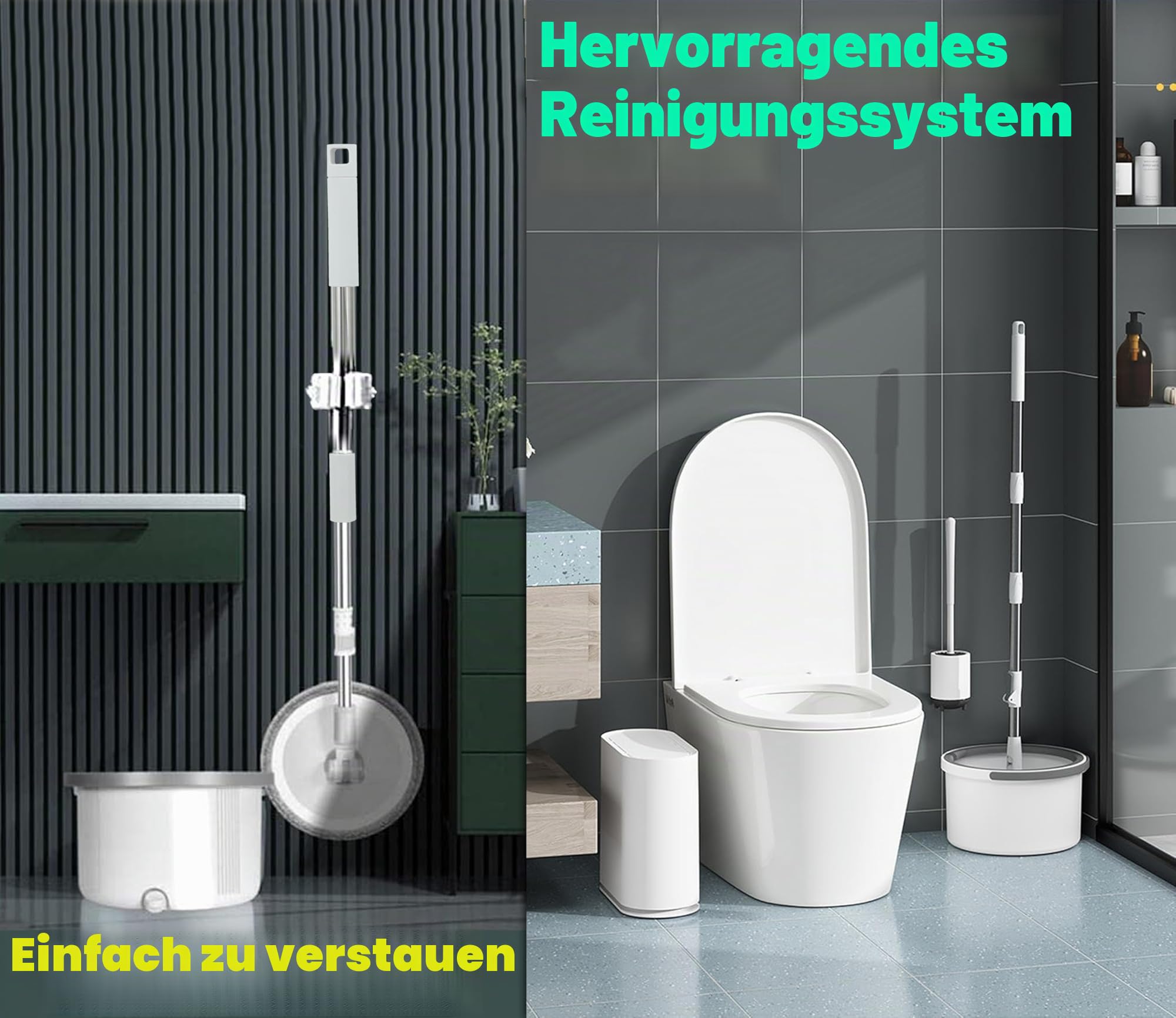 ARSUK Spin Mop Eimer und Bodenreinigungsset | Getrennte Mechanik für sauberes und schmutziges Wasser | 2L Kompaktdesign, 2 Mikrofasertücher, 118cm Edelstahl-Teleskopstiel | Ideal für den Haushalt