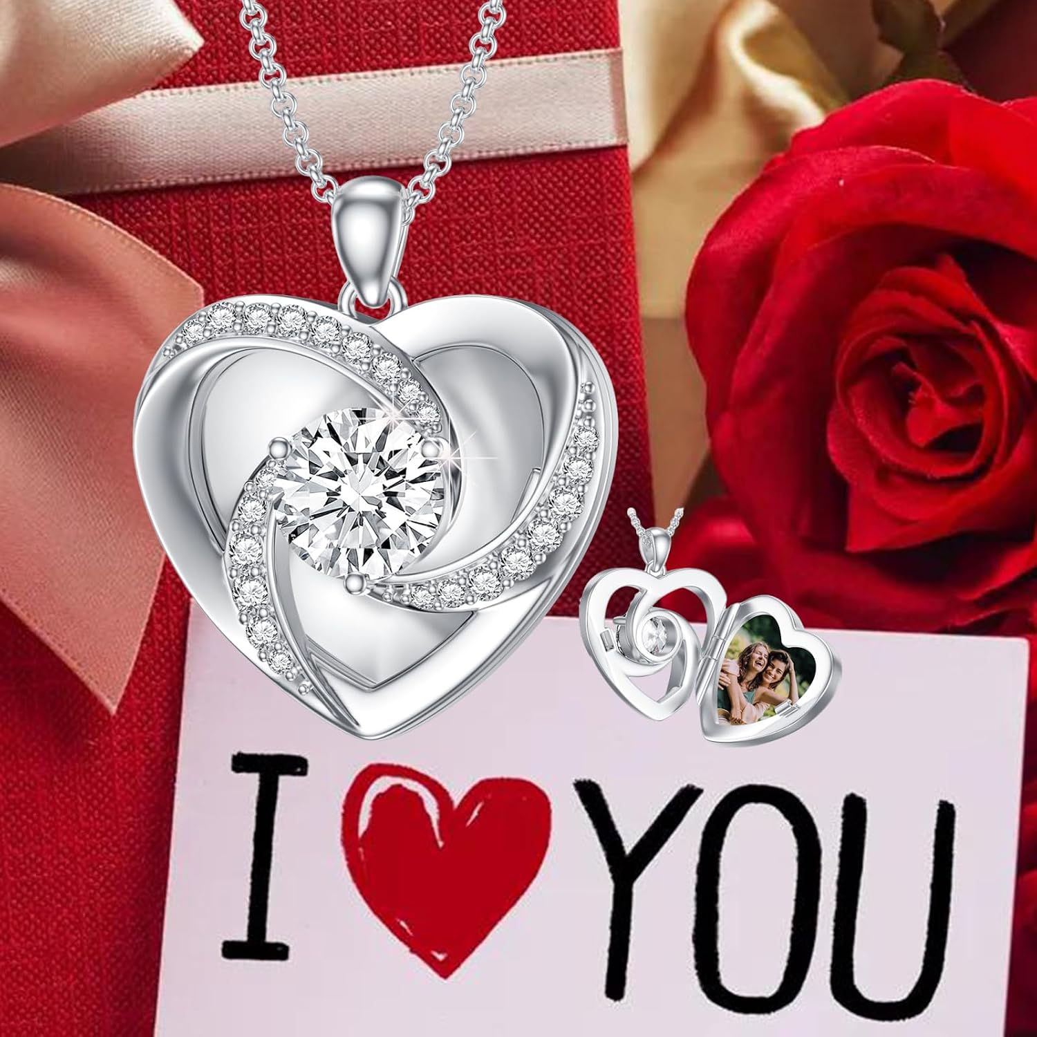 SOULMEET Personalized 10k 14k 18k White Gold 1 ct Moissanite/Diamond Locket That Holds Picture Diamond Photo Heart Locket Necklace Gift for Beloved Ones Mother Women Mens