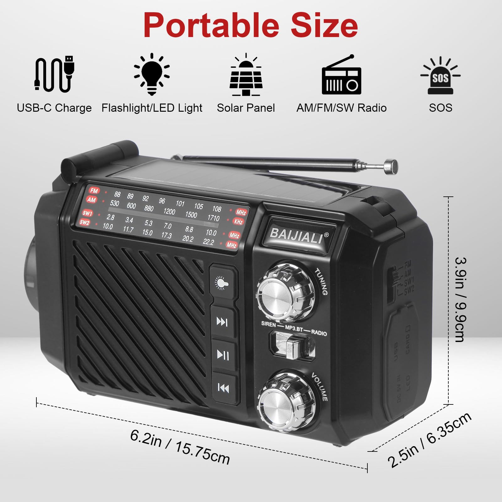 Kurbelradio Notfallradio mit 2600mAh Powerbank, Solar & USB-C Ladung, AM/FM/SW Weltempfänger, LED-Taschenlampe & SOS-Alarm für Notfall-Kits (Schwarz)