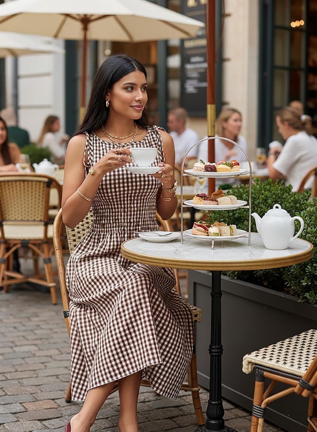 Acelitt Summer Maxi Dresses for Women 2026 Smocked Waist Gingham Dress Flowy A Line Beach Long Sundresses with Pockets - Image 3