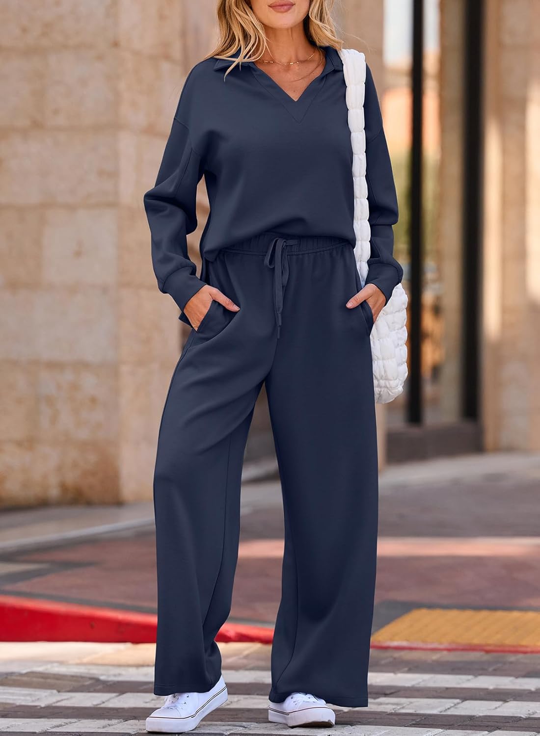EVALESS Two Piece Sets for Women Lounge Sets Casual V Neck Sweatshirt and Wide Leg Sweatpants Matching Sets Women Clothing - Image 2