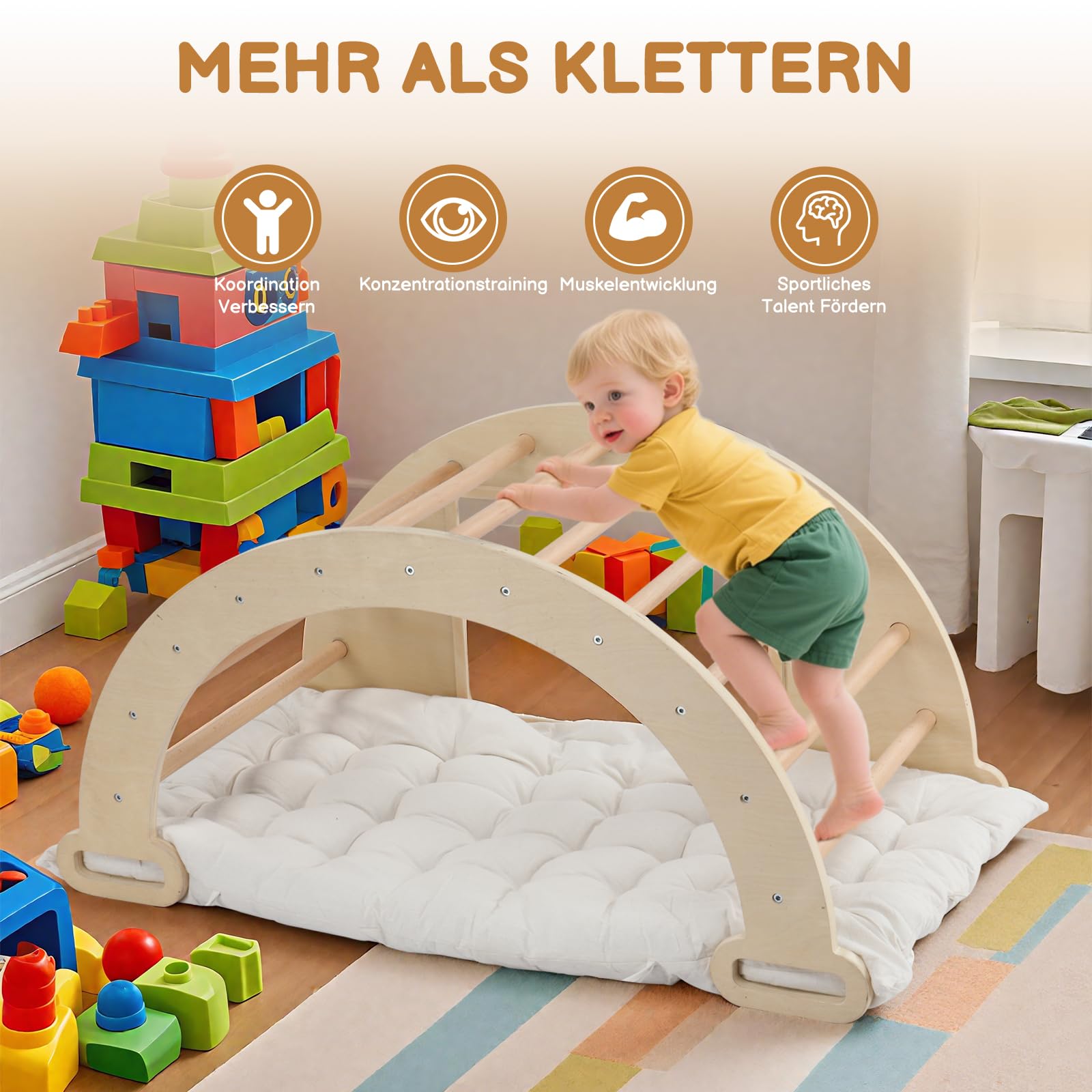 LEADZM 5-in-1 Kletterbogen für Kinder, Schaukelstuhl mit Kissen und Sensoriktisch, Montessori-Kletterspielzeug mit faltbarem Ablagebecken und Tafel, Motorik-Spielzentrum für Babys