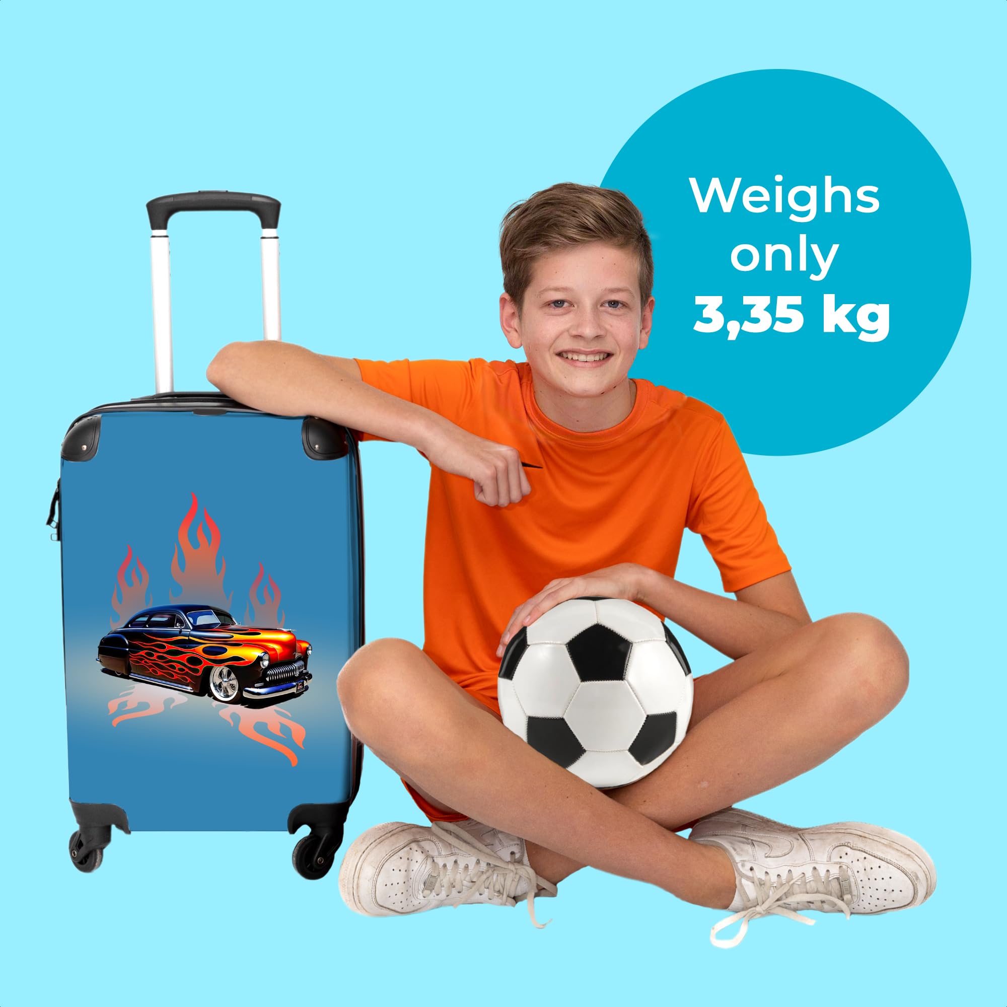 NoBoringSuitcases© Valigia Grande - 90 litri - da viaggio | Auto - Fiamme - Fuoco - Blu - Vintage - Chiusura a combinazione TSA - Trolley Rigido 4 ruote