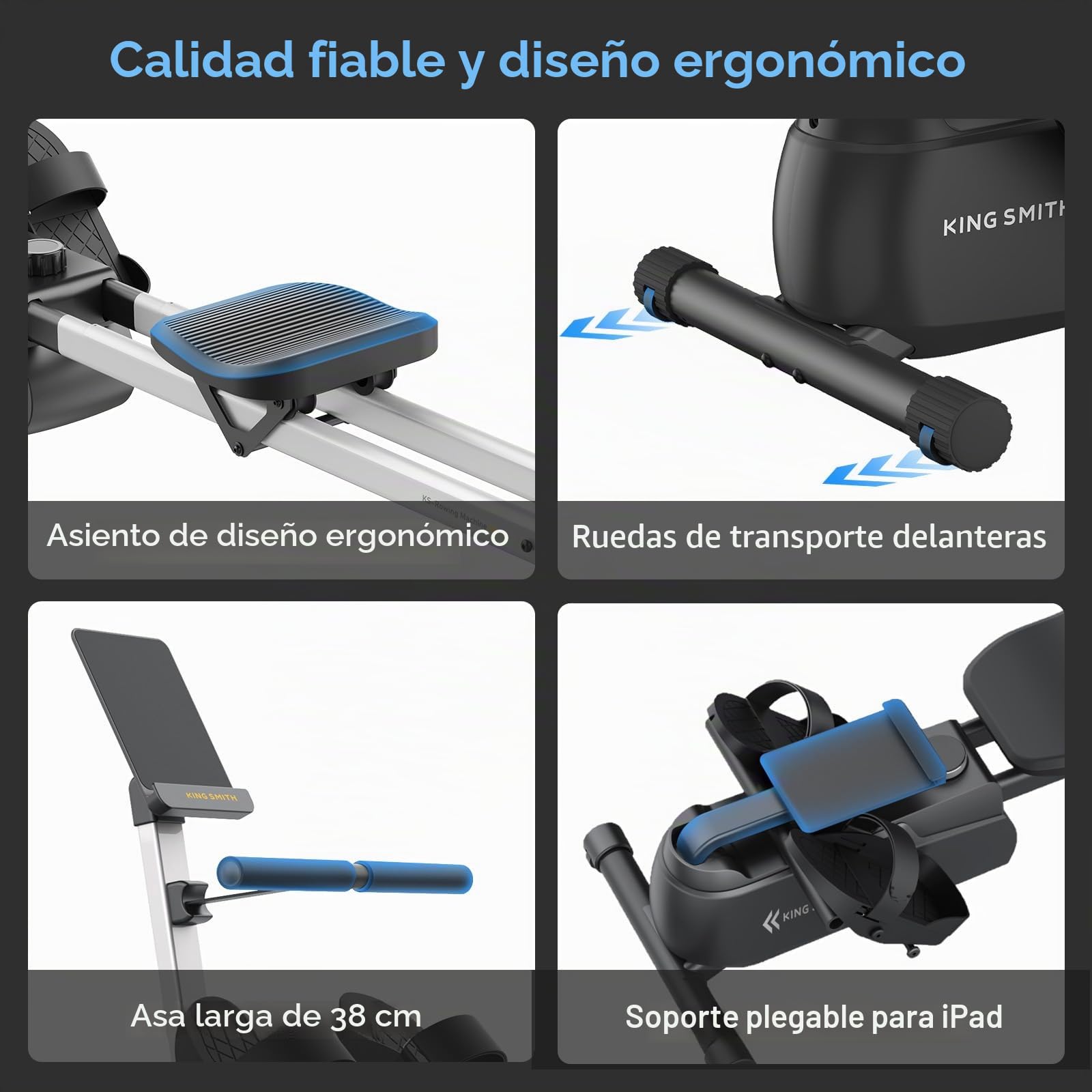 King Smith Máquina de Remo para Casa, Remo Magnético Silencioso con 24 Niveles de Resistencia, Capacidad de Peso de 350LBS con Monitor LED, Compatible con la Aplicación Negro