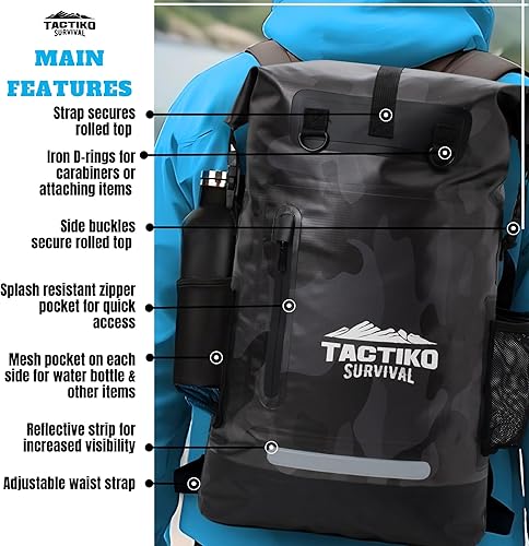 Miniatura 6 de TACTIKO Mochila resistente 100% impermeable, bolsas secas enrollables para kayak, senderismo, campamento, supervivencia