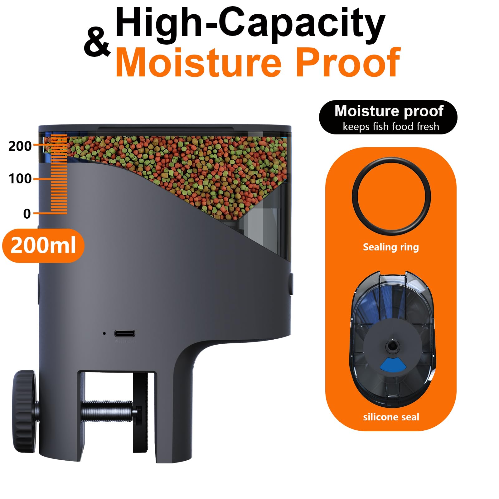 Mangiatoia Pesci WiFi Telecamera 2.5K HD Dosaggio Precisione 0,2g Anti-Intasamento Serbatoio 200ML Anti-Umidità Programmabile Acquario