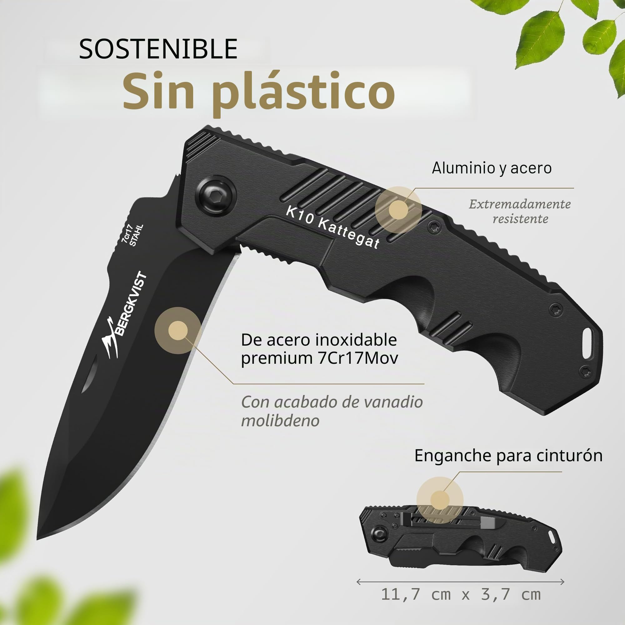 BERGKVIST® K10 Cuchillo plegable [navaja de dos manos], negro | Navaja afilada para exteriores, supervivencia o caza, con acero al fuego y funda de cinturón, todo metal