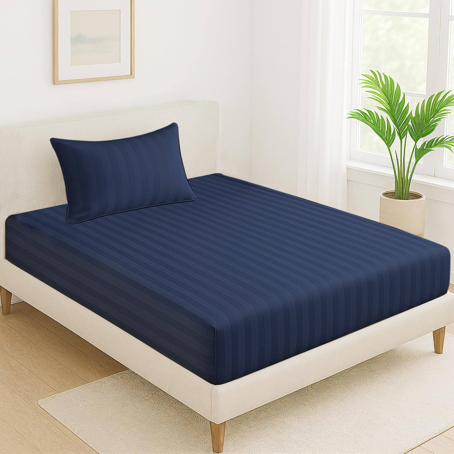 Cloth Fusion Elastic Fitted Glace Cotton Satin Striped Bedsheet Single Size with 1 Pillow Cover (78X36 Inches, Navy Blue)-image-7