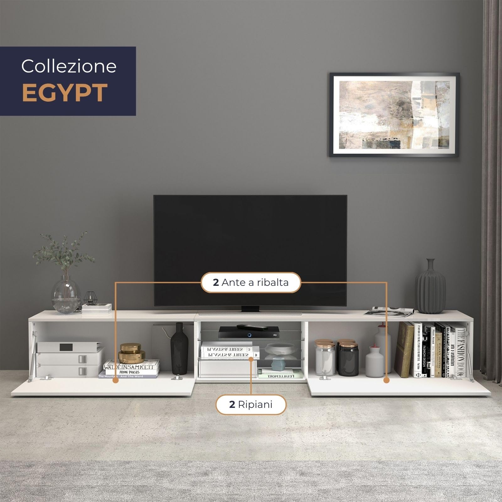 WHOUS Mobile Porta TV EGYPT per Soggiorno con 2 Ante a Ribalta e 2 Ripiani in Vetro, Mobile Tv per Salotto in Legno, 240x38x35 cm, Bianco Laccato Lucido