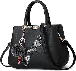 DIRRONA Handtasche Damen Groß – Umhängetasche & Tote Bag mit Blumenstickerei und Pom-Pom-Dekoration, ideal für Arbeit und Freizeit, Reisen oder Urlaub, Büro sowie Abendanlässe und Hochzeiten
