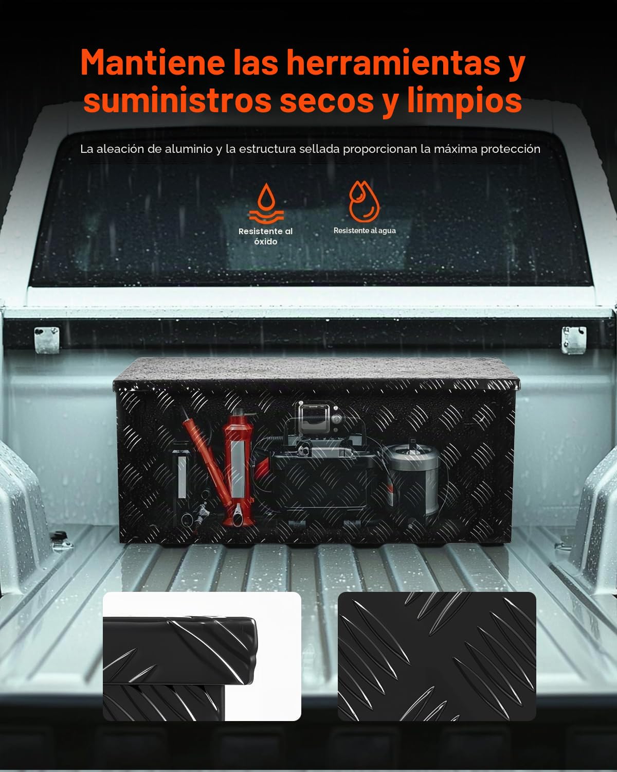 VEVOR Caja de Herramientas de Aluminio Resistente para Caja de Camioneta, con Revestimiento a Rayas, Estante Deslizante, Asa Lateral, Cerradura y Llaves, 899 x 370 x 370 mm, Negro, Carga 40 kg