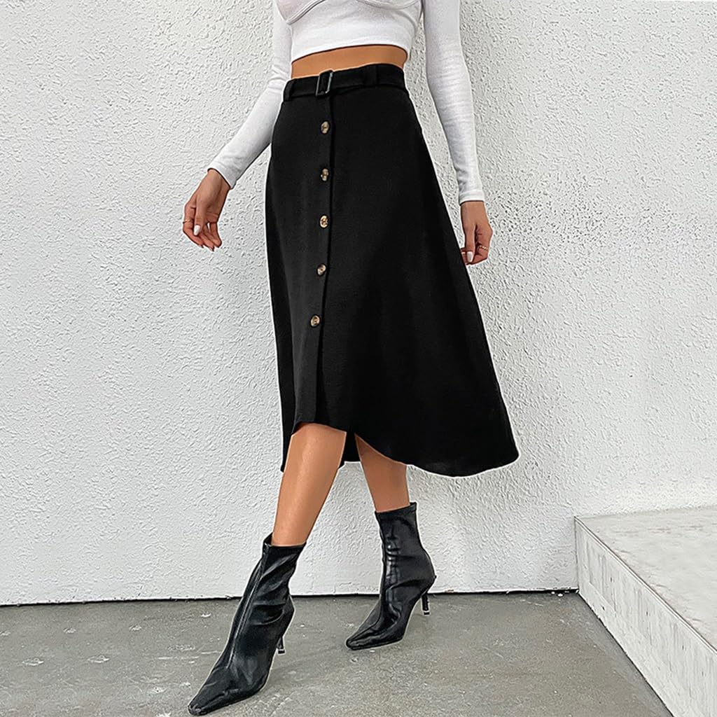Las Mujeres de Cintura Alta Una Línea de Botones Delanteros Flowy Flare Midi Falda Vintage Solid Dobladillo Irregular Casual Faldas de Trabajo