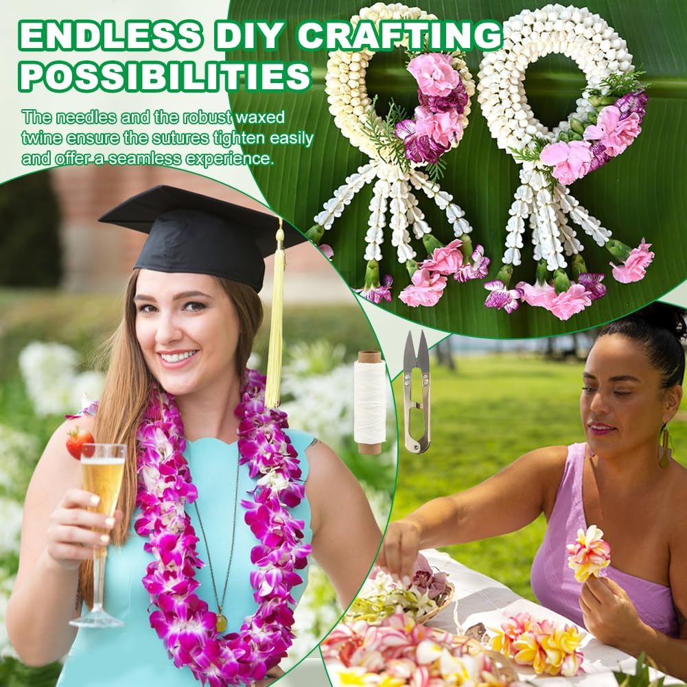 FaHuoJiuKa 13 Pcs Lei Needle Kit, 6 Pcs 14 Inch Extra Long Sewing Needles 6 Rolls Needle Twine 1 Sewing Scissors, Lei Making Kit for DIY Marigold Garland Graduation Hawaiian Flowers Bead Stitch Craft