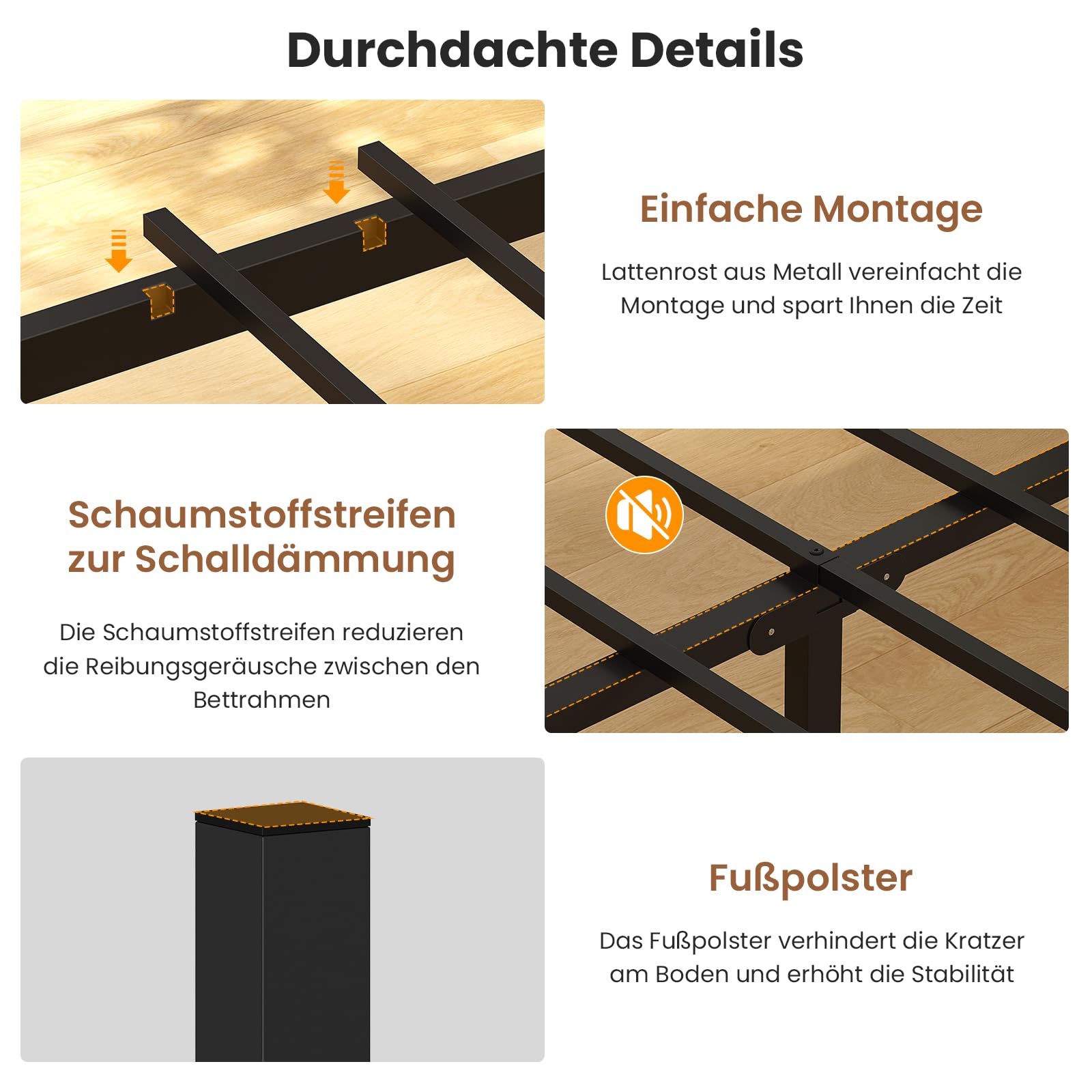 Brinlawb Bett 140x200 mit Lattenrost aus Metall Doppelbett mit LED Beleuchtung und Ladestation (2 AC-Steckdosen 2 USB-Anschlüsse) Bettrahmen, Bettgestell 140x200cm mit Holzkopfteil und Stauraum, Braun