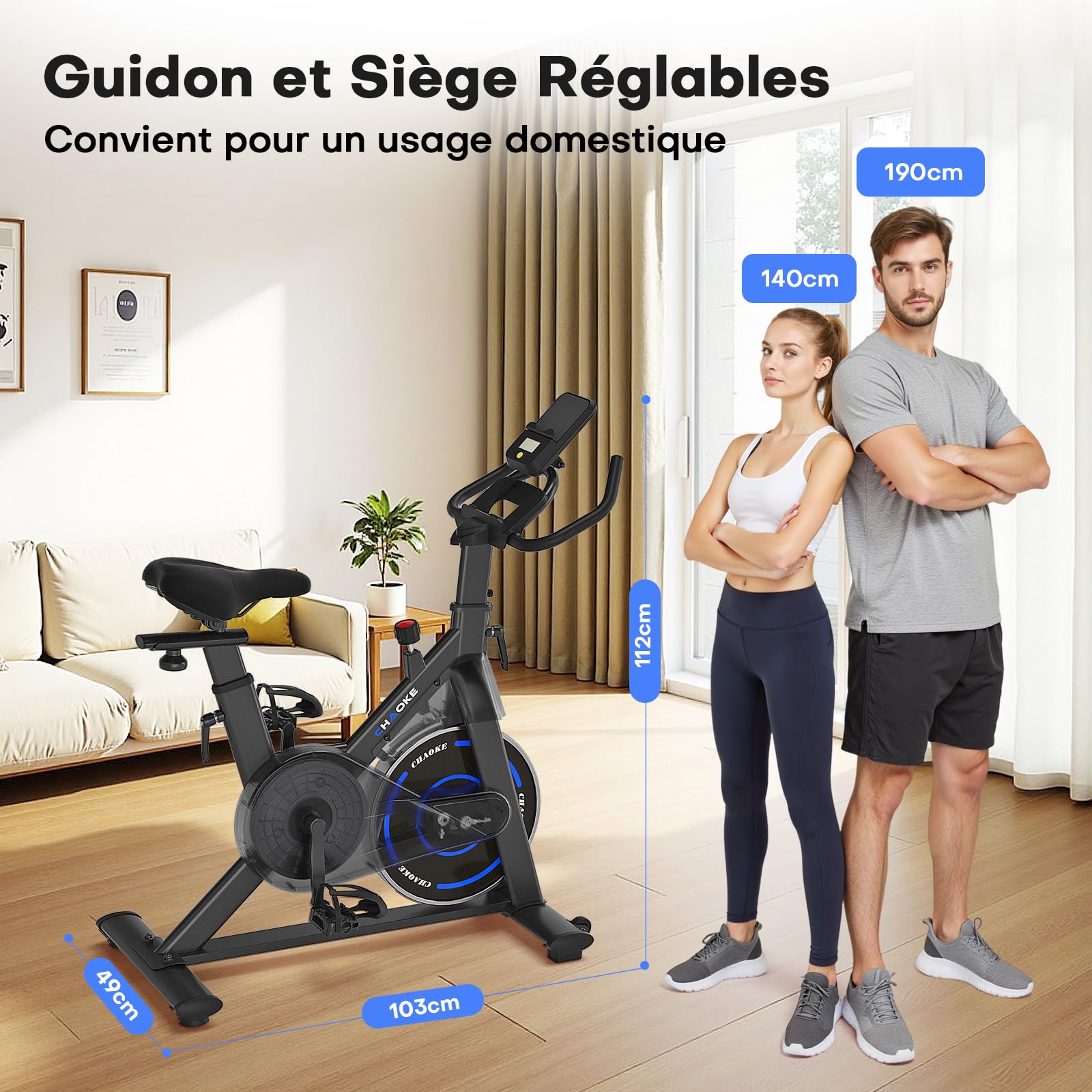 CHAOKE Vélo d'appartement Silencieux Résistance Magnétique Réglable App écran LCD Capacité 150KG
