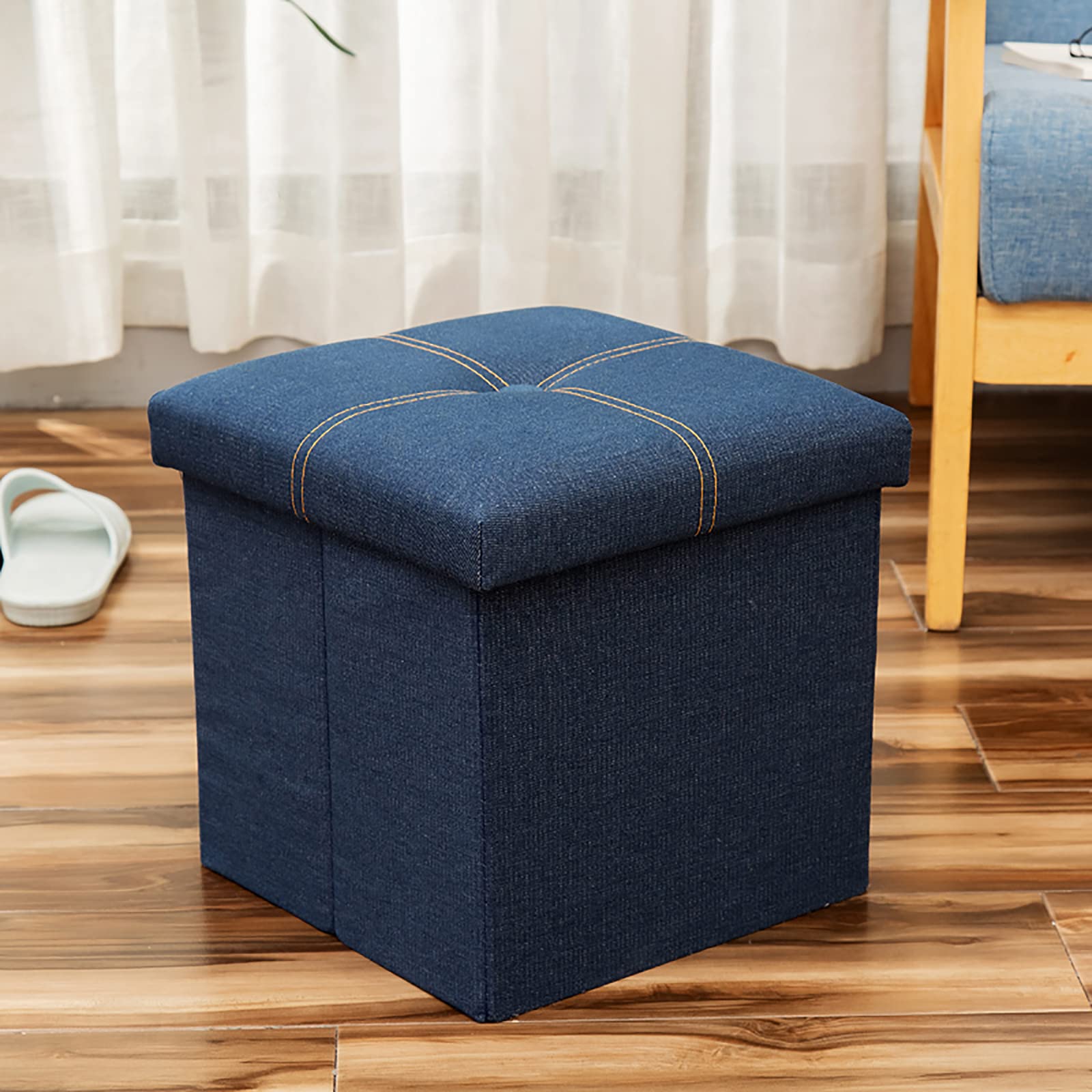 Pouf de rangement pliable en tissu pour s'asseoir et decompresser au salon