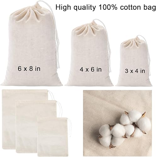 Miniatura 6 de 20 bolsas reutilizables de muselina de algodón con cordón, bolsas de algodón natural sin blanquear, para café, té, preparar nueces, leche (6 x 8