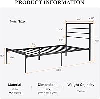 Vista 2 de SHA CERLIN Marco de cama tamaño twin con estante de cabecera y base de metal resistente, no necesita somier, marrón