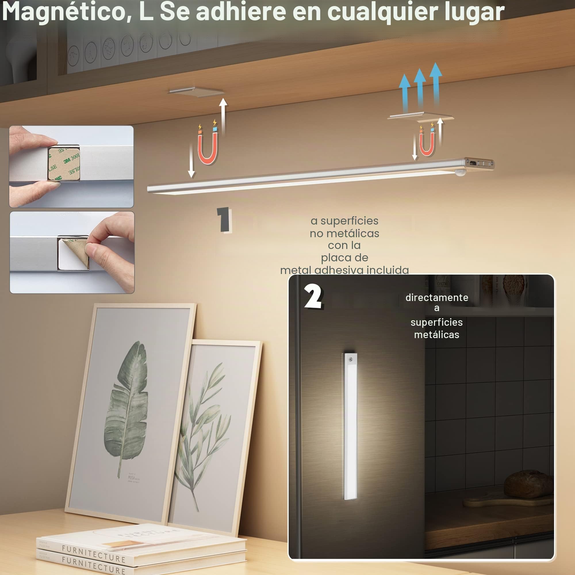 60cm Luz con sensor movimiento, ajustable, led sin contacto, con modos 3 Colores para cocina, armario, bajo mueble