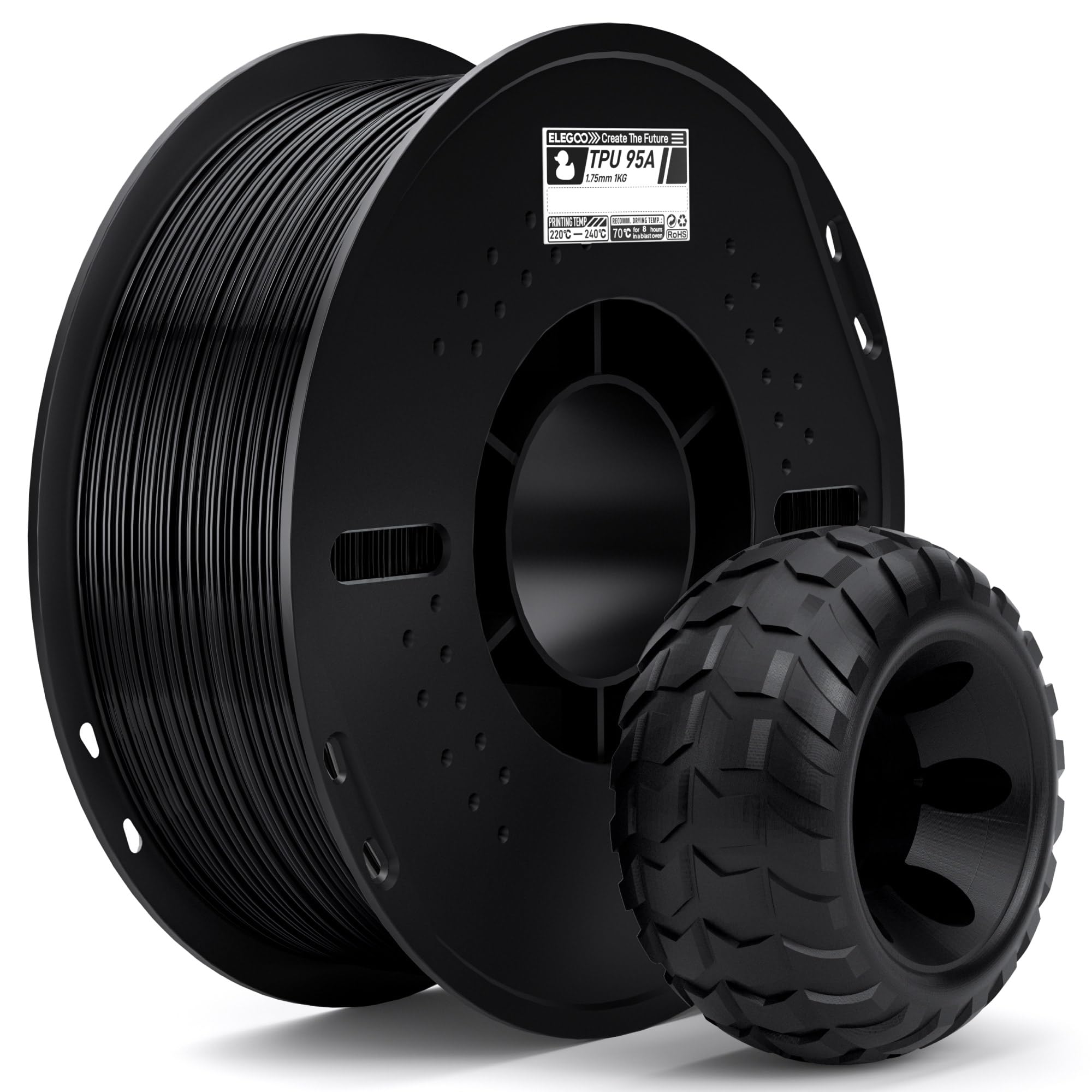 ELEGOO TPU 95A Filamento per Stampanti 3D 1,75 mm Nero 1KG, TPU Filamento Flessibile Morbido per Stampa 3D, Bobina da 1kg Compatibile con la Maggior Parte delle Stampanti 3D FDM