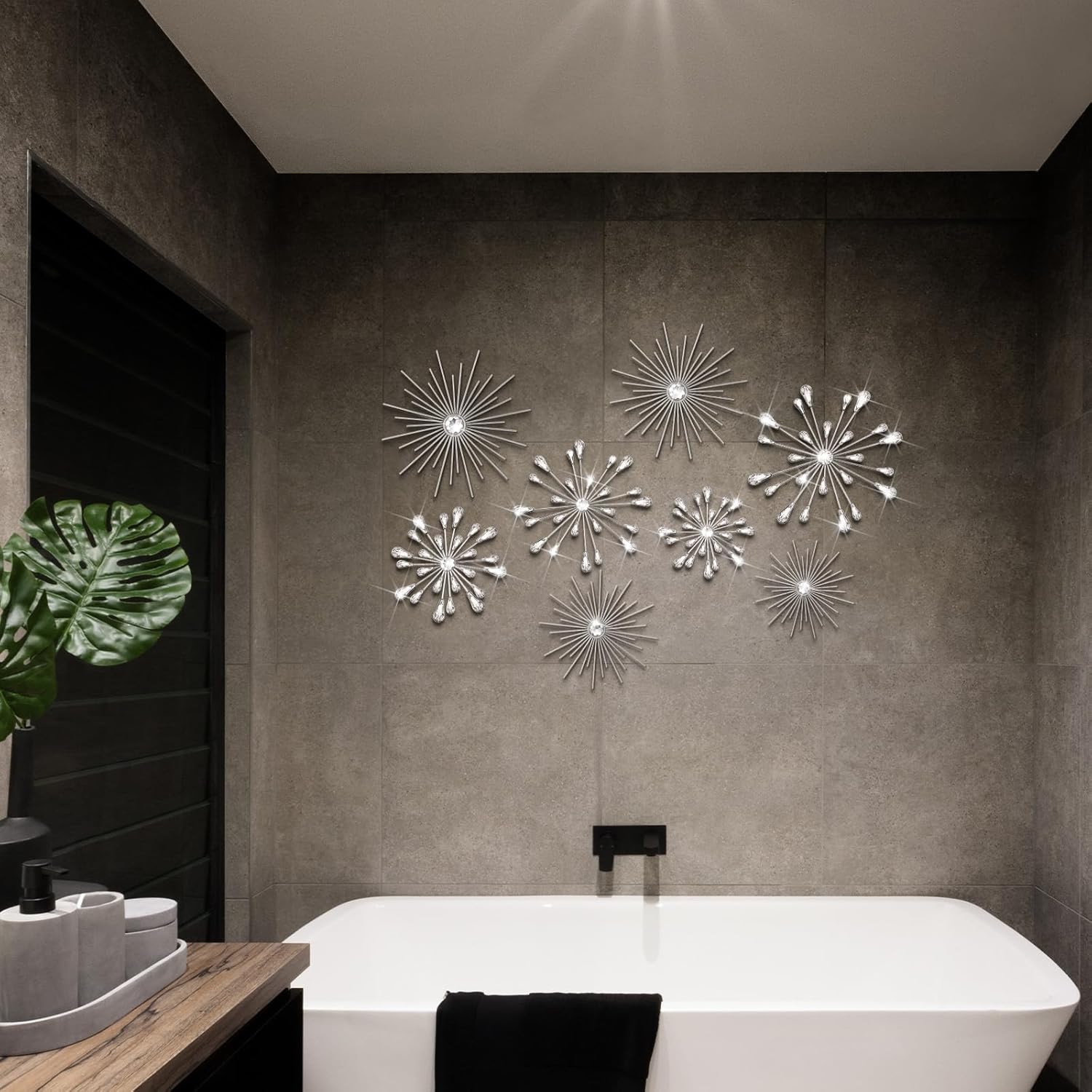 Blulu 8 Pcs Silver Metal Wall Art Cast Iron Starburst Wall Decor Bling Crystal Sculptures Living Room 3D Teardrop Radial Rhinestone Hanging Diamond Accents for Home Office Bedroom Entryway - Image 6