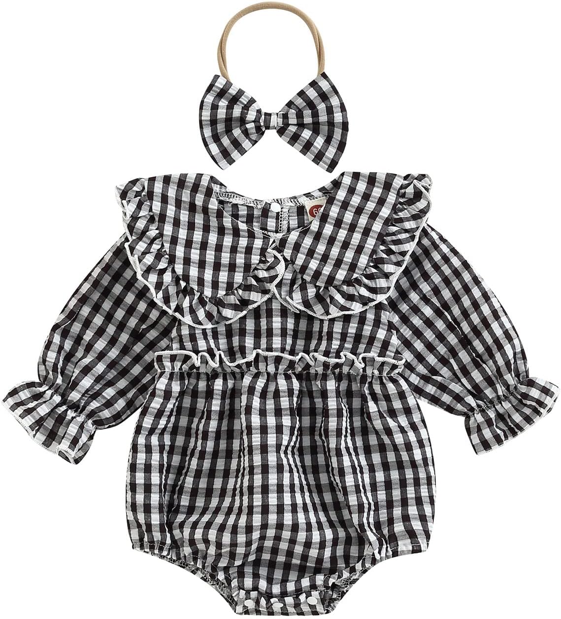 Karuedoo Newborn Baby Girl Clothes Gingham Plaid Bubble Romper Long Sleeve Ruffle Bodysuit with Headband Spring Fall Outfit