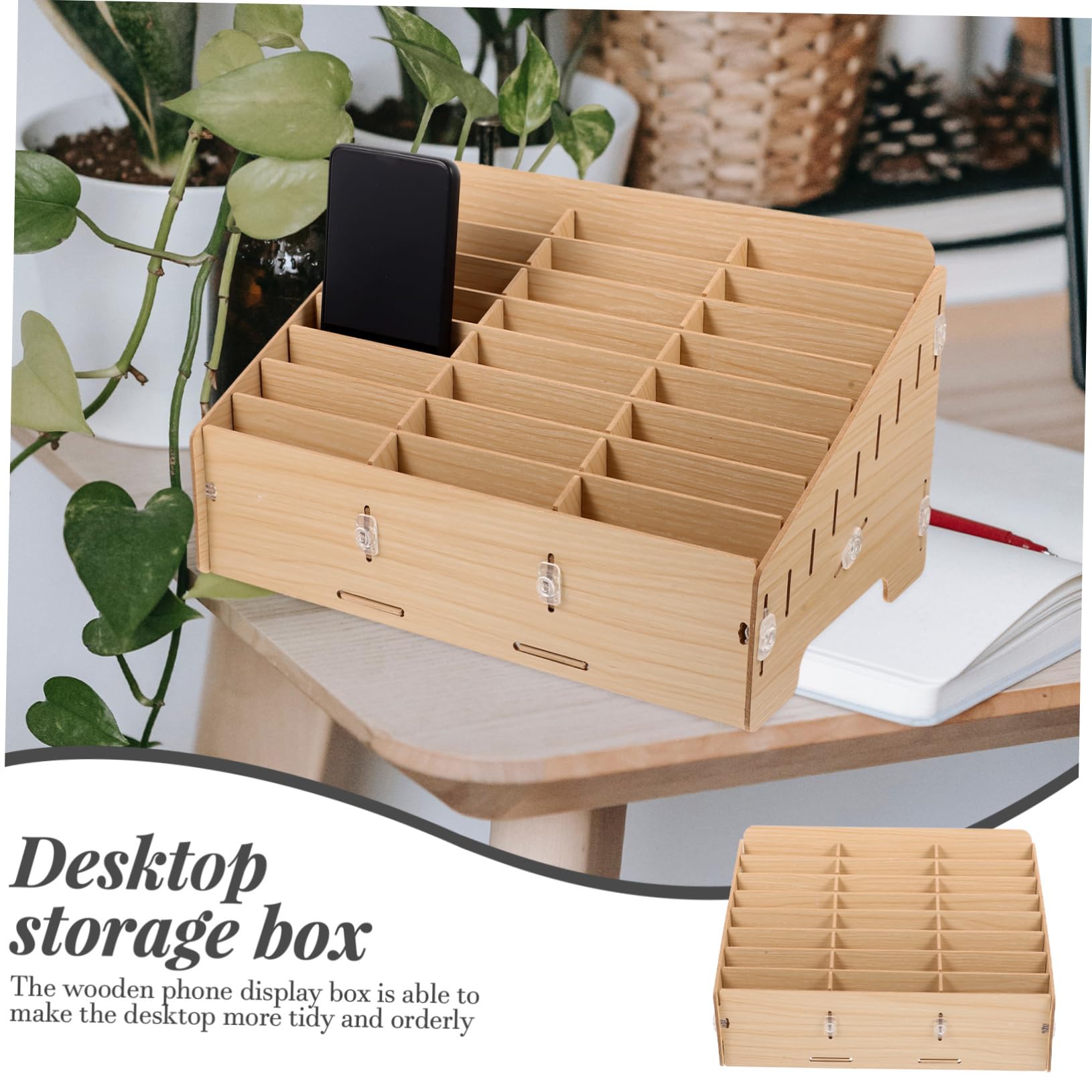 Housoutil Organizador de Almacenamiento de Madera para Escritorio 24 Compartimentos, Adecuado para Oficina y Estudiantes, Diseño Rústico y Resistente para Artículos Pequeños