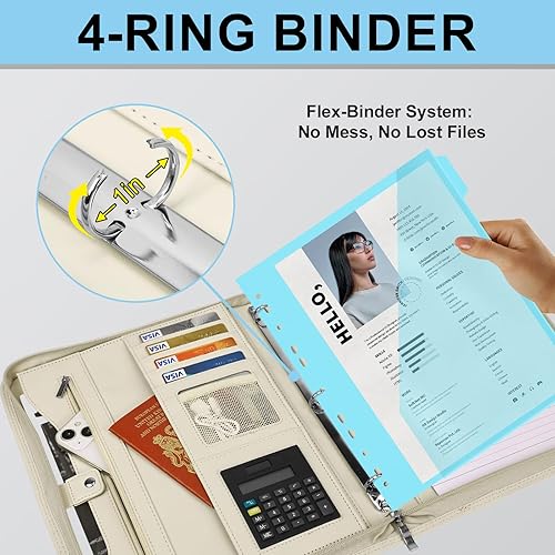 Vista 14 de Eshow Organizador de cartera, carpeta de 3 anillos con cremallera, carpeta de cuero vegano con bloc de notas, incluye 10 protectores de hojas Negro