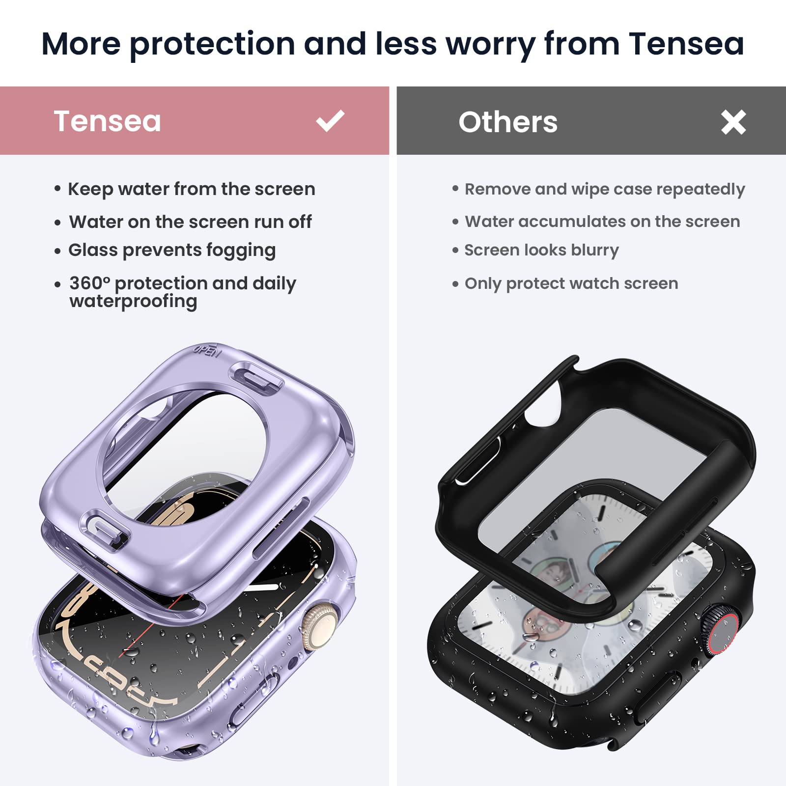 Tensea - Funda protectora de pantalla impermeable para Apple Watch, serie SE, 6, 5, 4 de 1.575 pulgadas, accesorios para iWatch, cubierta protectora de policarbonato para iWatch con película de vidrio