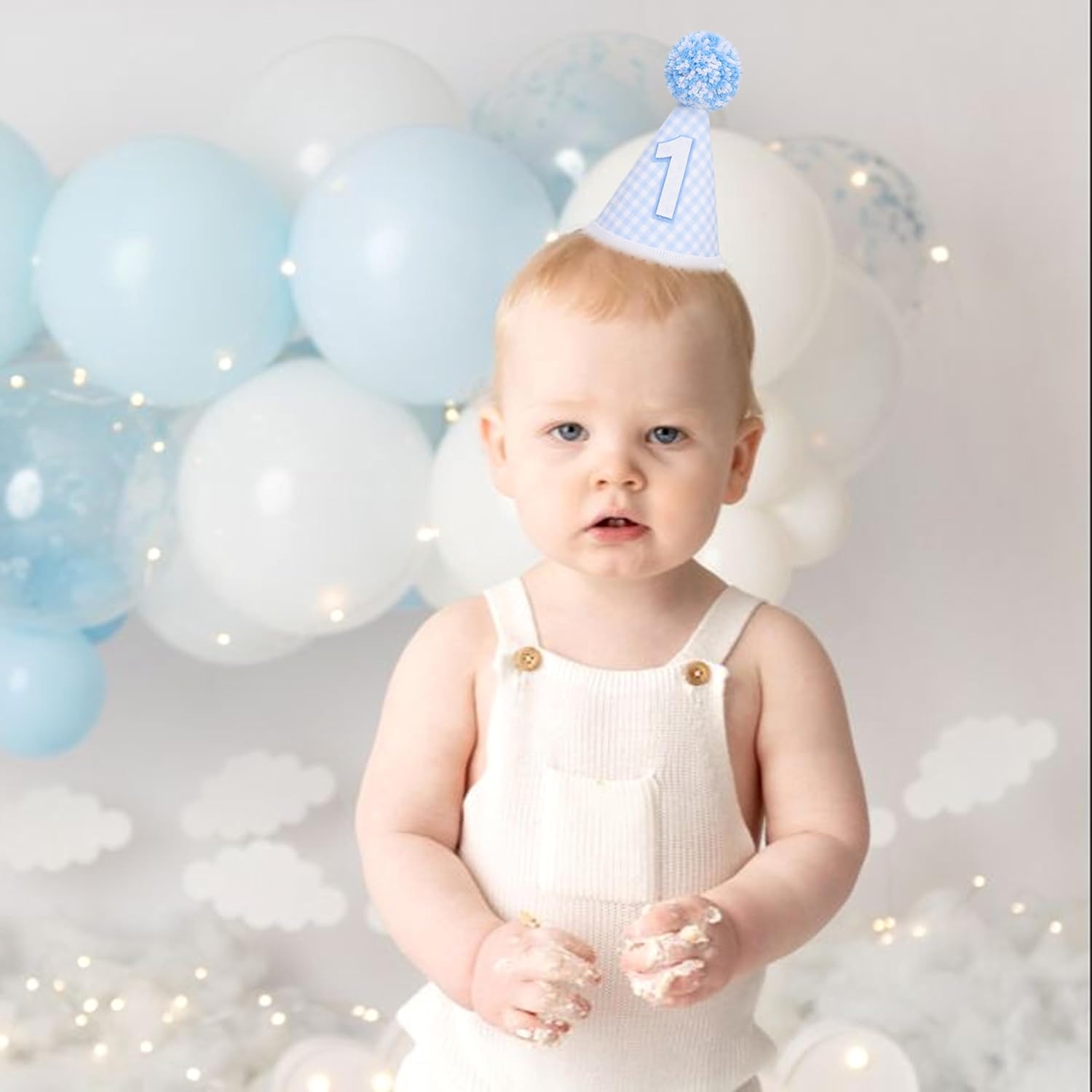YOUAME Blue Gingham Party Hat - Boy 1st Birthday Party Hats, Baby Blue First Birthday Party Cone Hat, Boys Baby Shower Decorated Headwear, Cake Smash Outfit Props - Image 4