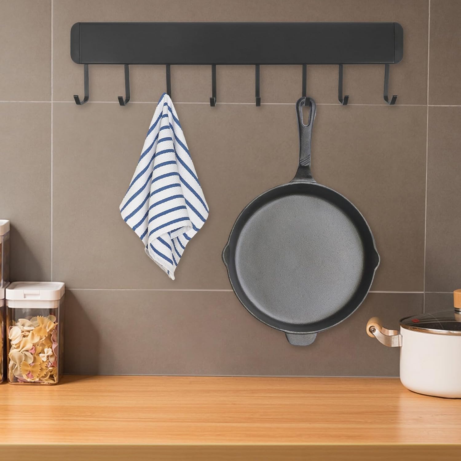 Wall Mounted Kitchen Utensil Holder Rack with Nonfading Hooks Flexible Spacing Organizer for Pots Spoons Spatulas Ladles Easy-Clean Kitchen and Bathroom Storage