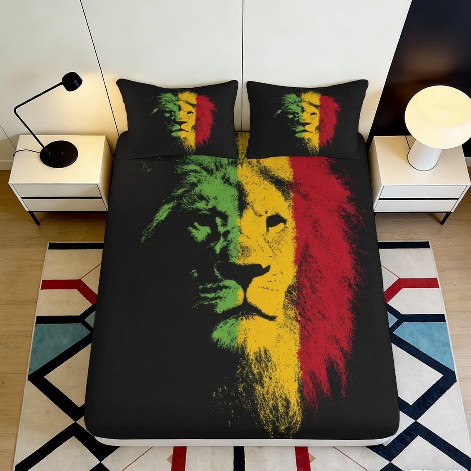 3D Printed Lion Rasta Fitted Sheet Microfiber Soft Breathable Reggae Mane Mattress Cover for Bedroom Dorm Mattress Protection Decor 180x200x25cm