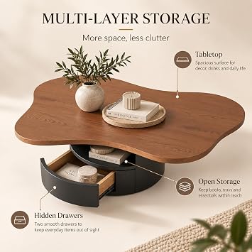 Cloud Coffee Table, 47.24, 2 Drawers, Multi-Layer Storage, Oval, Irregular